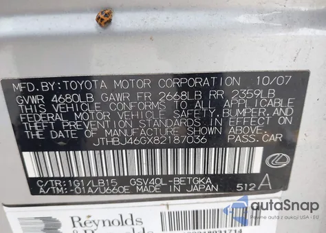 2008 Lexus Es 350 из США, поврежденный, VIN JTHBJ46GX82187036